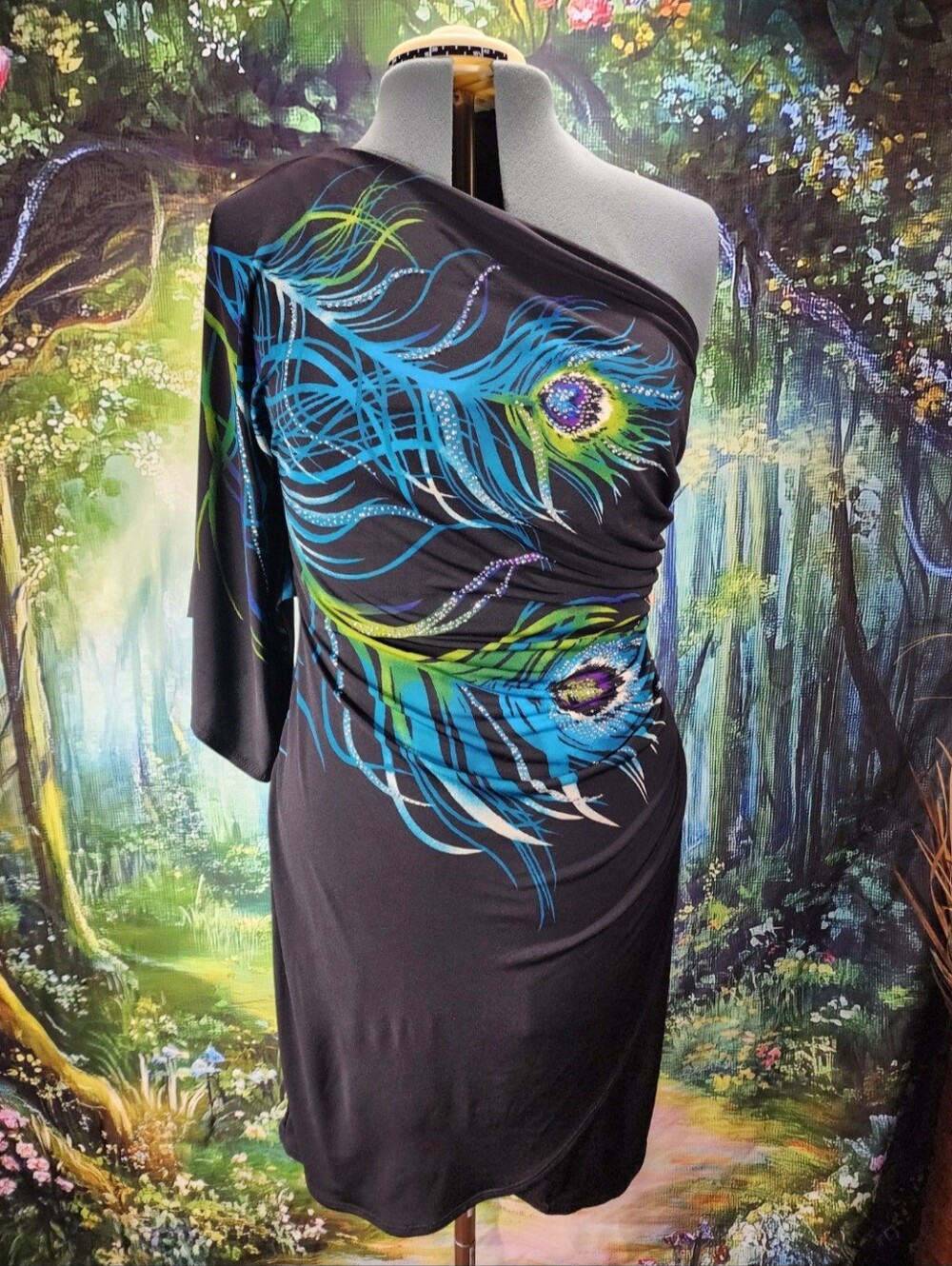 🦚 BISOU BISOU Vintage Michelle Bohbot Y2K One Shoulder Peacock Cocktail Dress